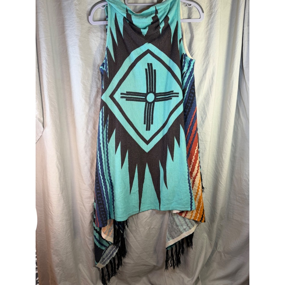 Crazy Train Womens Plus Southwestern Zia Sun Fringe Knit Open Front Vest Multi - Picture 5 of 6